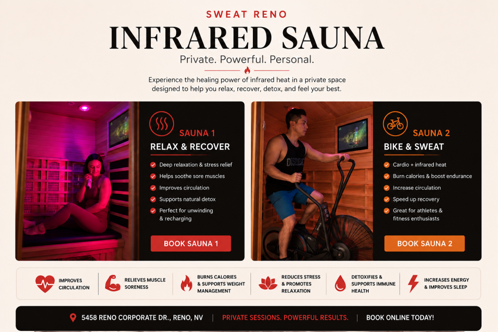 Private infrared sauna at Sweat Reno in Reno, NV featuring a relaxing sauna session and an infrared sauna with an Assault Bike for cardio recovery.