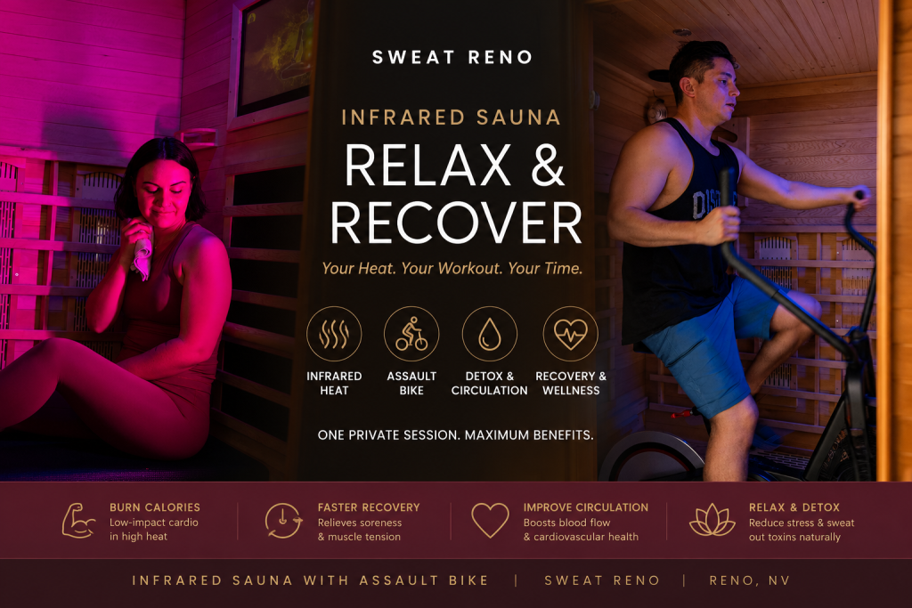 Private infrared sauna at Sweat Reno featuring relaxation and an assault bike workout for recovery, cardio, detox, and wellness in Reno, NV.
